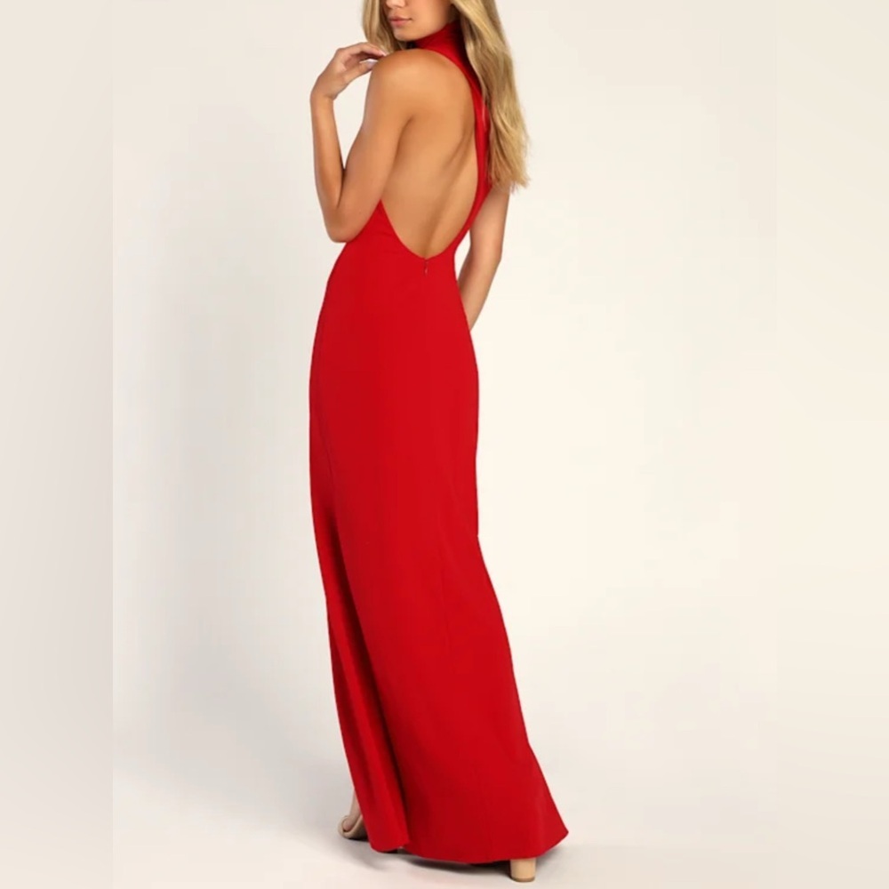 Lulu's Asymmetrical Halter Neck Red Maxi Dress - Picture 2 of 9